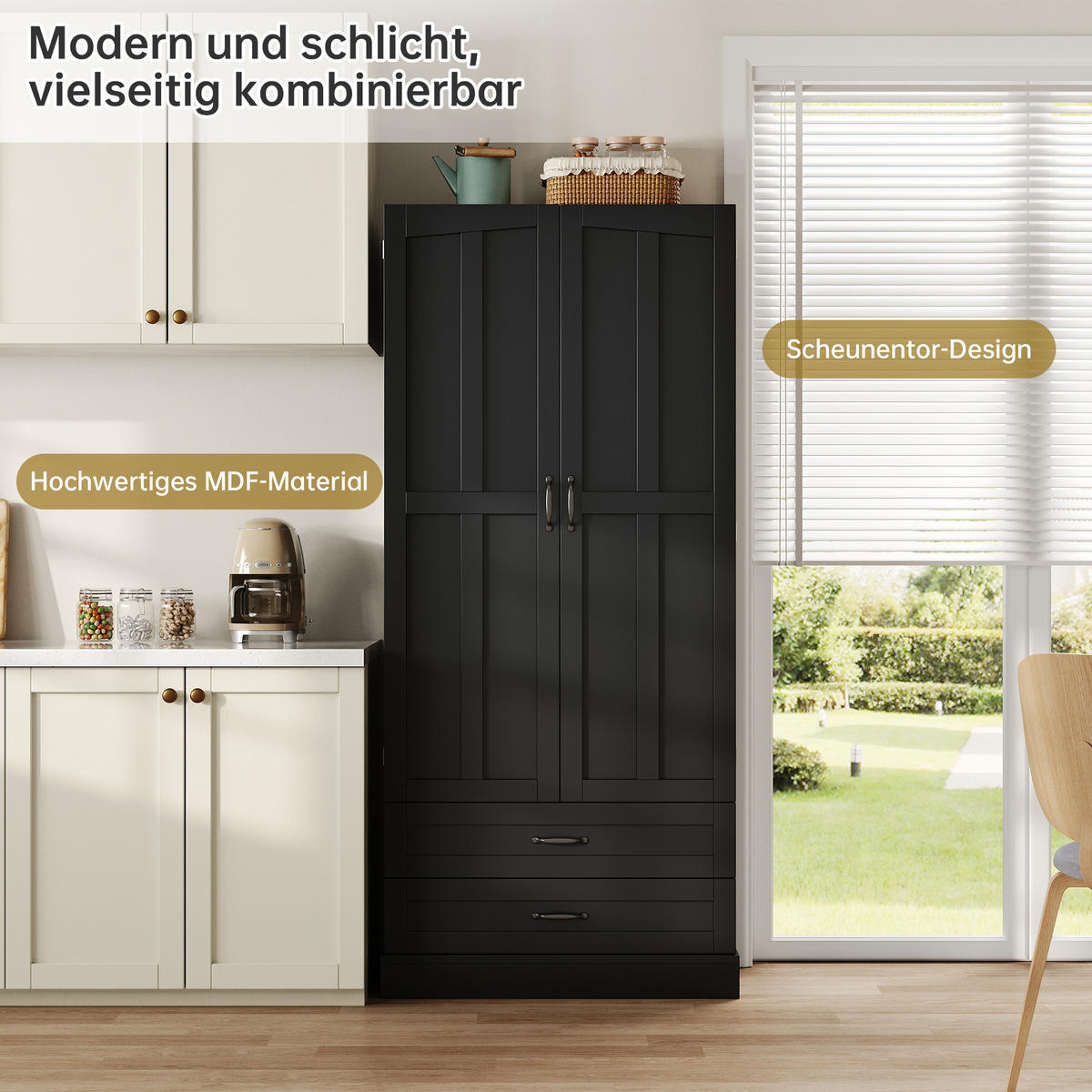 HIGHBOARD DE-38728 80/37,5/180 cm 3 Ausziehböden und 2 Schubladen Schwarz - Schwarz, Holzwerkstoff (80/180/37.5cm) - ComfortXL