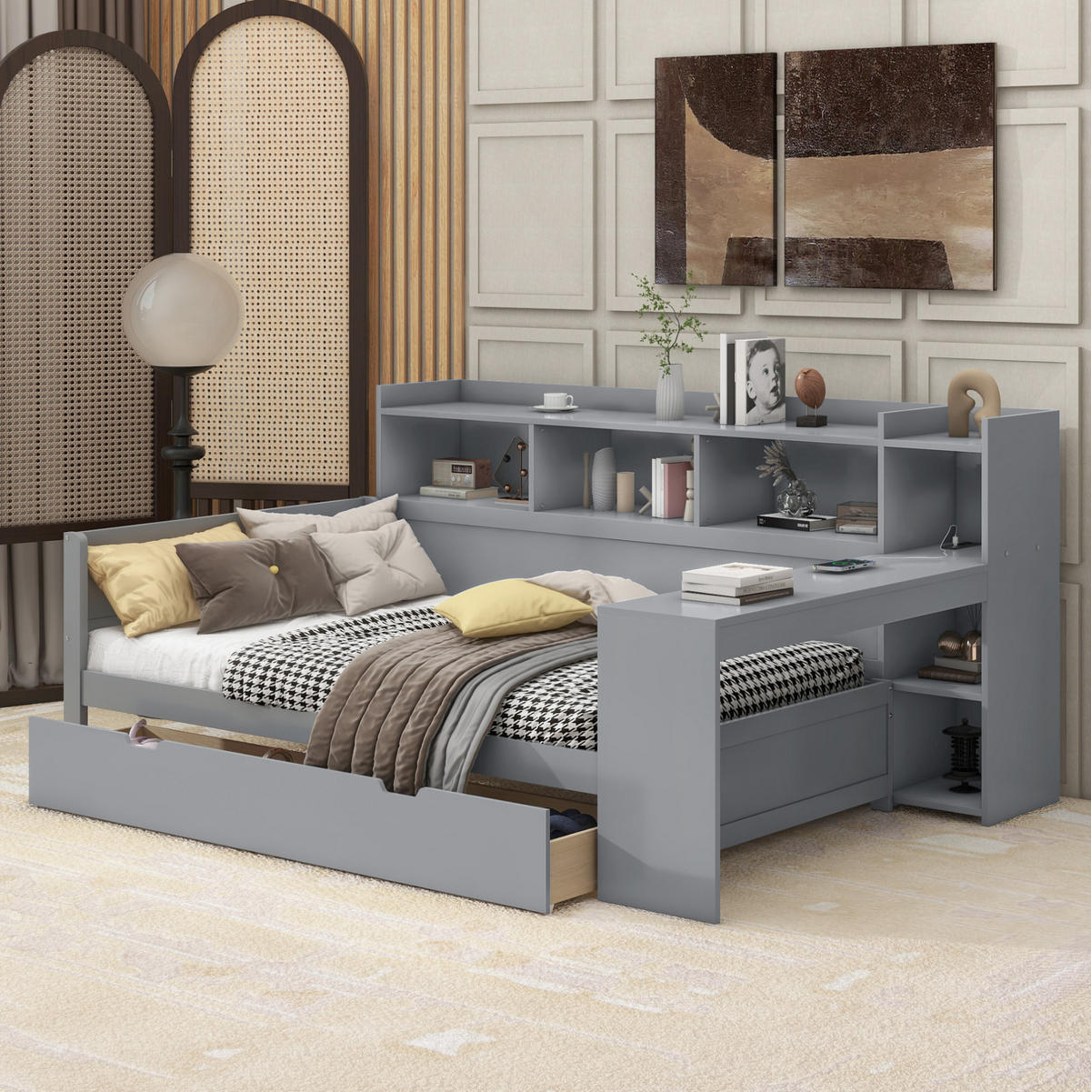 BETT 90/200 cm Grau mit Schreibtisch, 2 Schubladen und USB-Anschluss - Grau, Holzwerkstoff (90/200cm) - Flora Grace