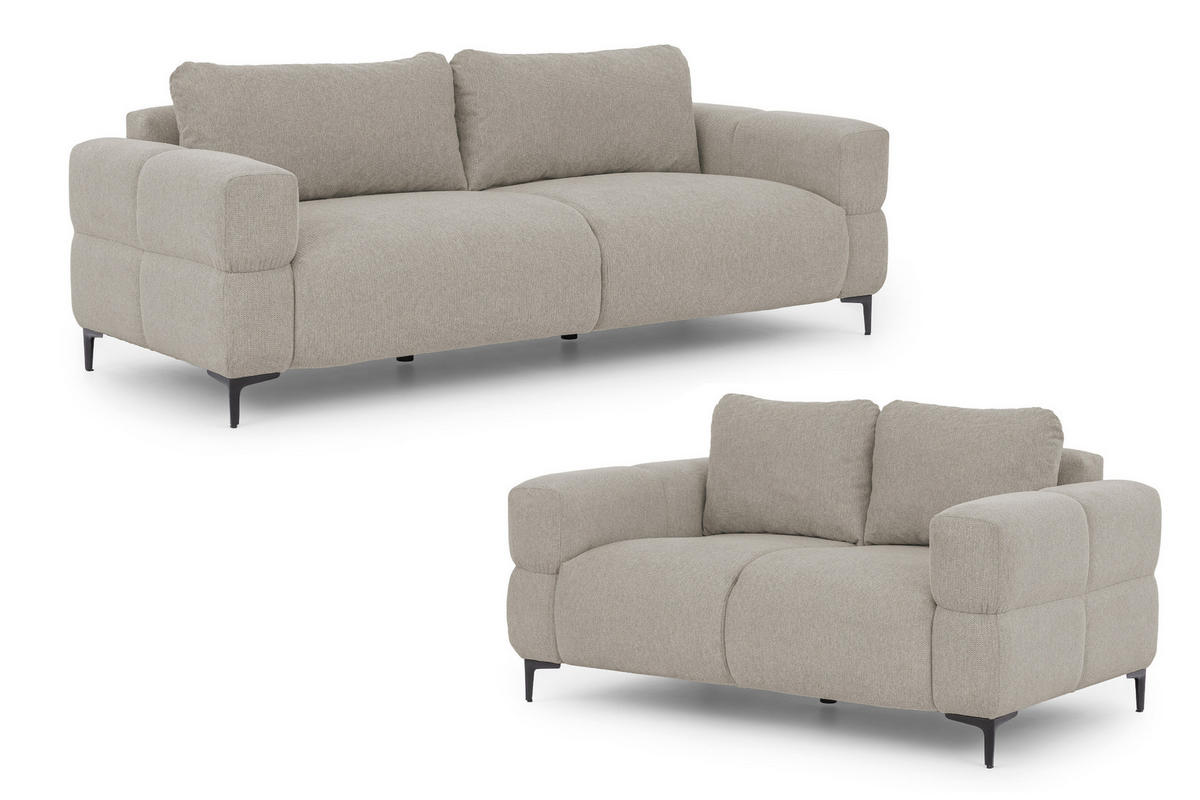 SITZGARNITUR 3+2 Cardea in Bubble-Optik aus weichem Taupe Strukturstoff mit hohem Sitzkomfort - Taupe/Schwarz, Holz/Textil (217/80/97cm) - S-Style Möbel