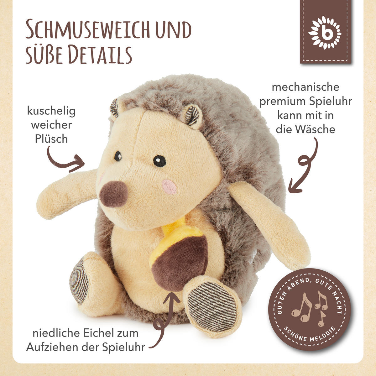 MUSIKSPIELUHR Igel - ab Geburt - Braun, Textil (12/20cm) - Bieco Spielwaren