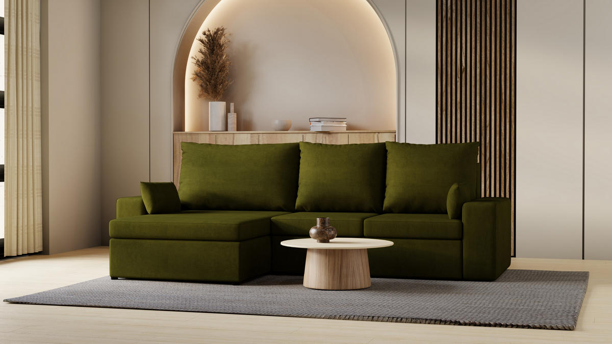 ECKSOFA Paco mit Bettkasten und Schlaffunktion, L-Form/XL-Form, Velourstoff, Universal - Olivgrün, Holzwerkstoff (276/145cm) - 4ALL HOME
