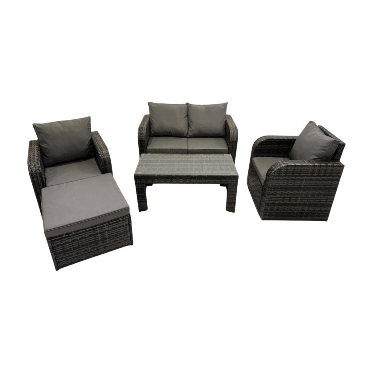 GARTENSOFA SET mit COUCHTISCH Polyrattan 5-Sitzer - Dunkelgrau/Grau, Glas/Kunststoff - Fimous