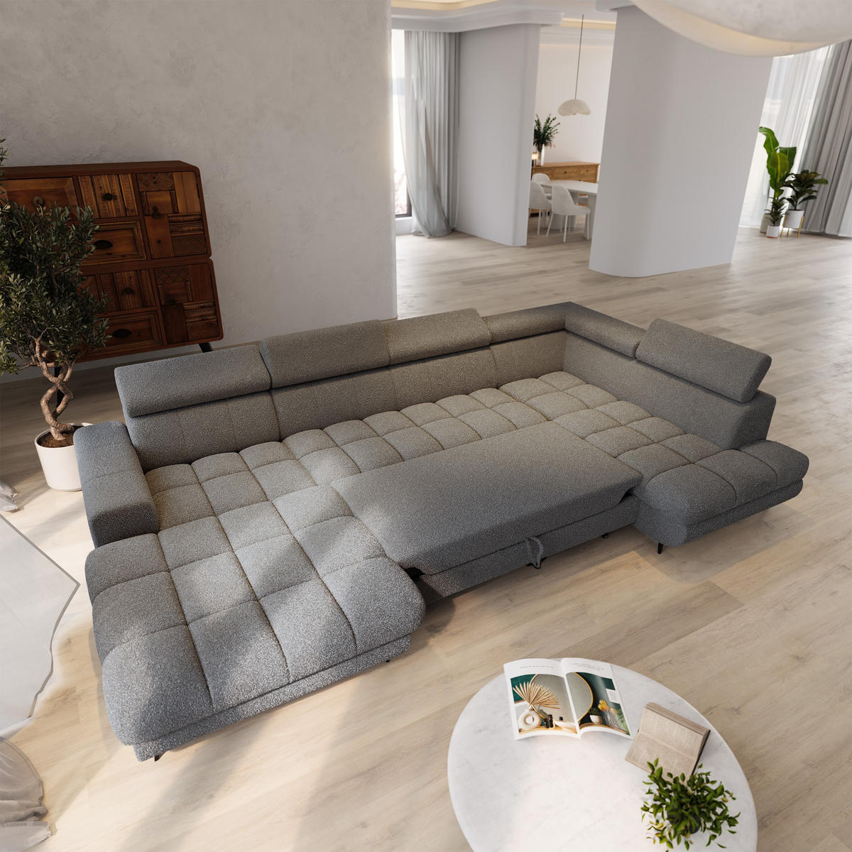 WOHNLANDSCHAFT CORENO Grau Boucle-Stoff mit Schlaffunktion - Grau, Holz (345/88/190cm) - MASSENO
