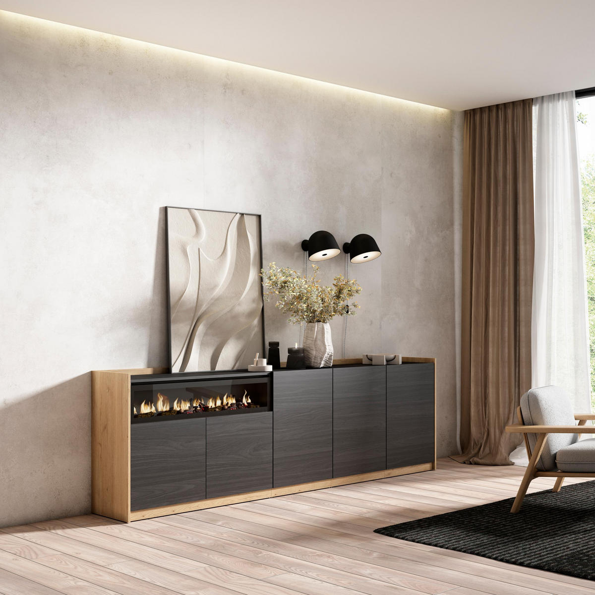 SIDEBOARD, Highboard, Schwarz Eiche, Elektrokamin, 260/37/80cm - Schwarz, Holzwerkstoff (260/80/37cm) - Skraut Home