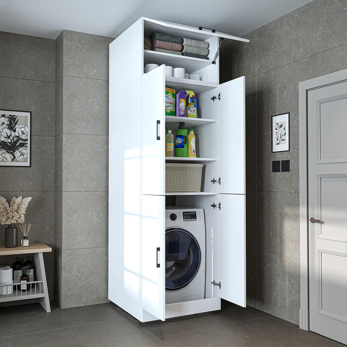 WASCHMASCHINENSCHRANK DORA-II 70cm Breit, 230cm Hoch - Weiß, Holzwerkstoff (70/230/74cm)