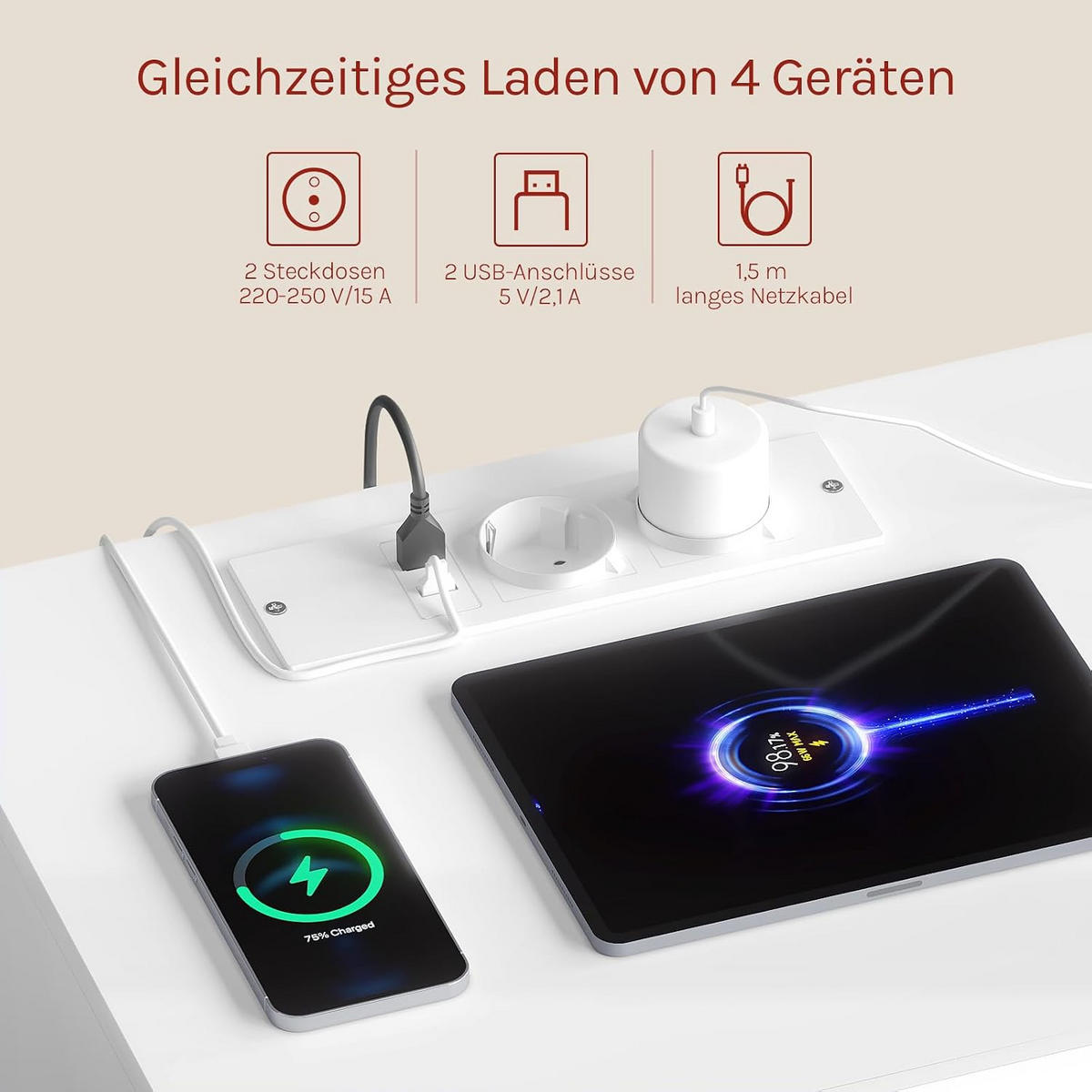 NACHTTISCH mit Ladefunktion und LED, Weiß - Weiß, Holzwerkstoff (40/55/35cm) - Woltu