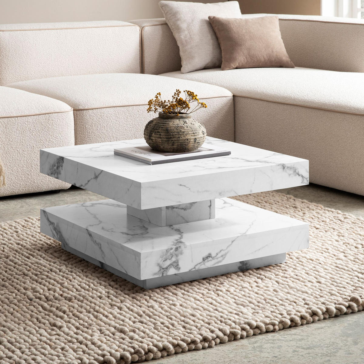 COUCHTISCH in Stein-Optik mit Stauraum, Modernes Design, Quadratisch, Weiß 60x60x34 cm - Weiß, Holzwerkstoff (60/60/34cm) - KADIMA DESIGN