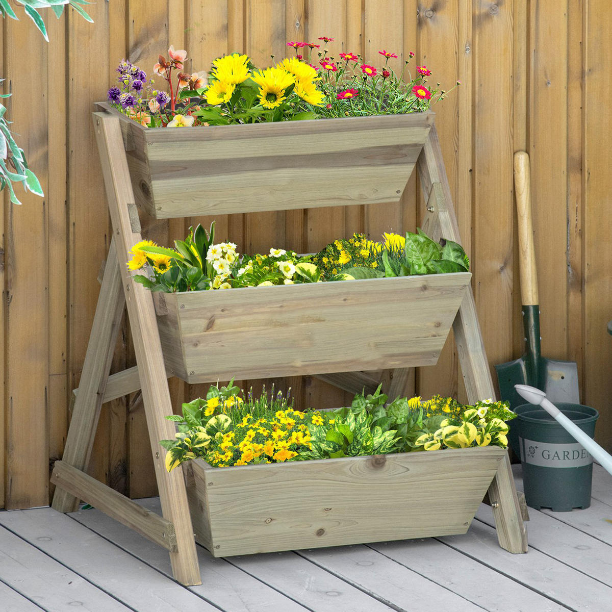 HOCHBEET DE-05334 Blumentreppe, 3 Ablagen Natur - Grün, Holz (71/77/61cm) - ComfortXL