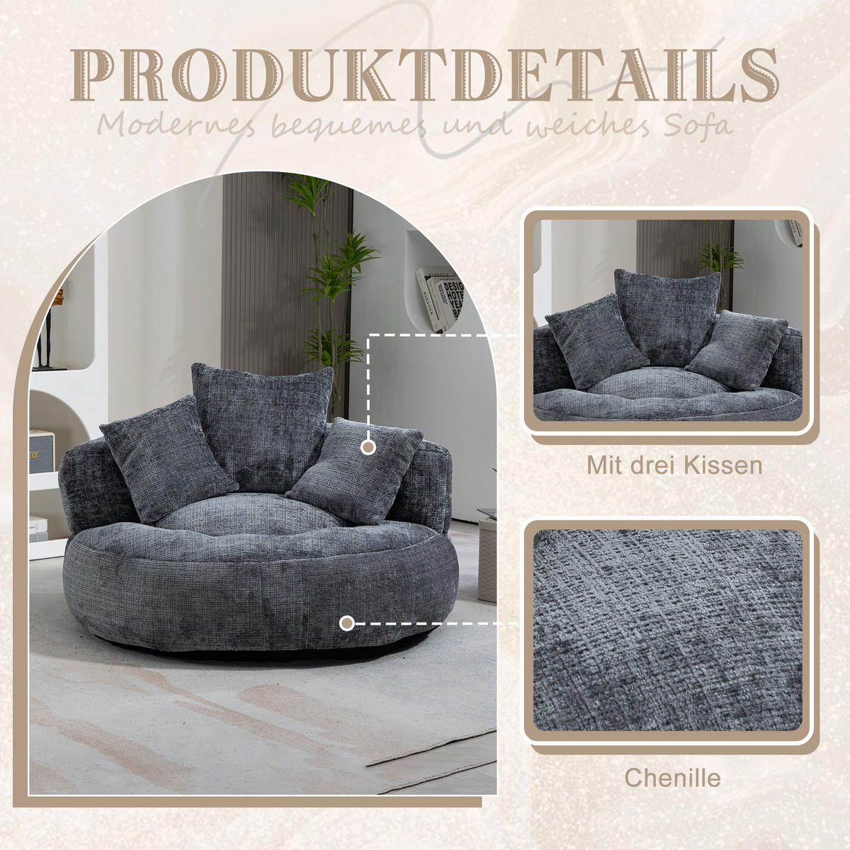 SITZSACK in Chenille mit 3 Kissen - Dunkelgrau, Textil (108/52/108cm) - Urban Meuble