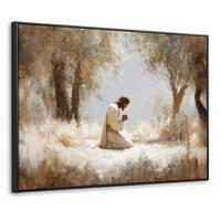 LEINWAND Bilder mit Rahmen - Jesus - Kniend - Waldlandschaft - Betend - 100x70 - Beige, Textil (100/70cm) - MuchoWow