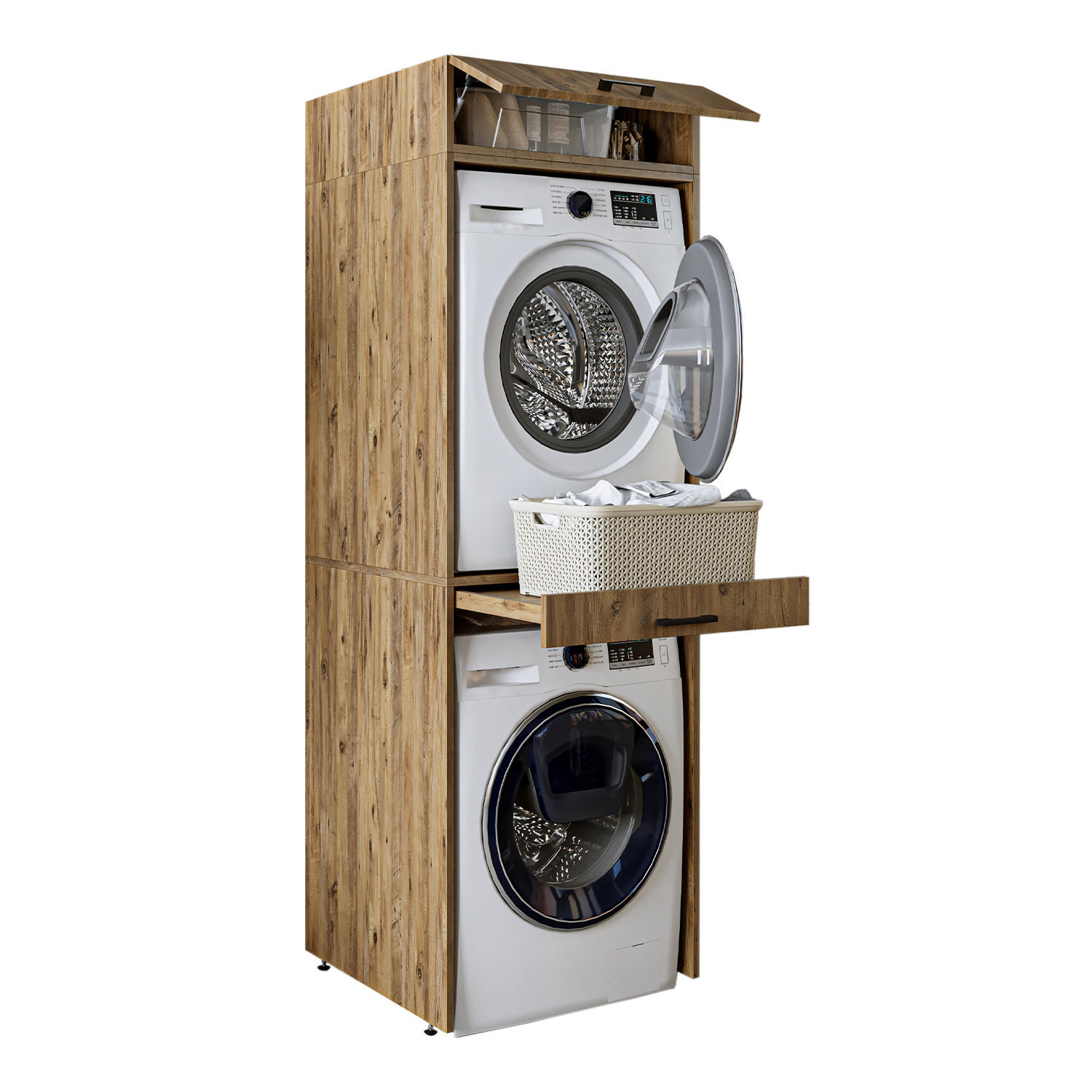 WASCHMASCHINENSCHRANK DUO-I 67cm Breit, 205cm Hoch - Eichefarben, Holzwerkstoff (67/205/67cm)