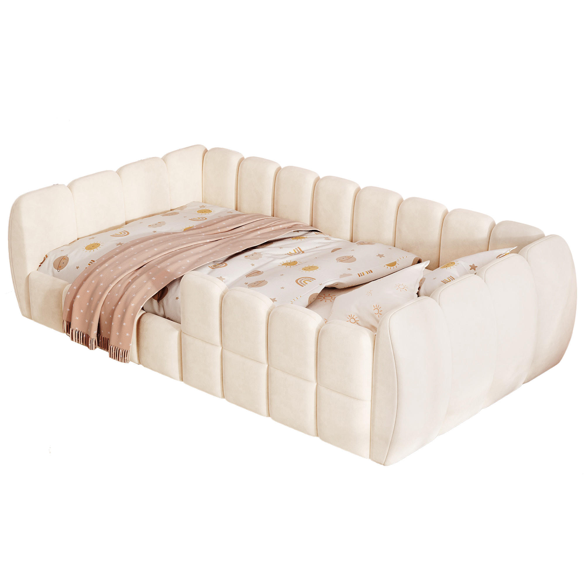POLSTERBETT 90/200 cm in Beige Samt mit abgerundeten Ecken - Beige, Holzwerkstoff/Textil (90/200cm) - WISHDOR
