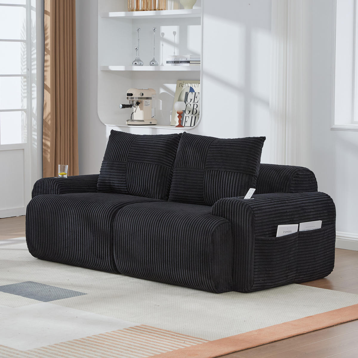 2-SITZER Cordsofa modular mit Getränkehalter und Seitentasche 200/99/80 cm Schwarz - Schwarz, Textil (99/80/200cm) - Redom