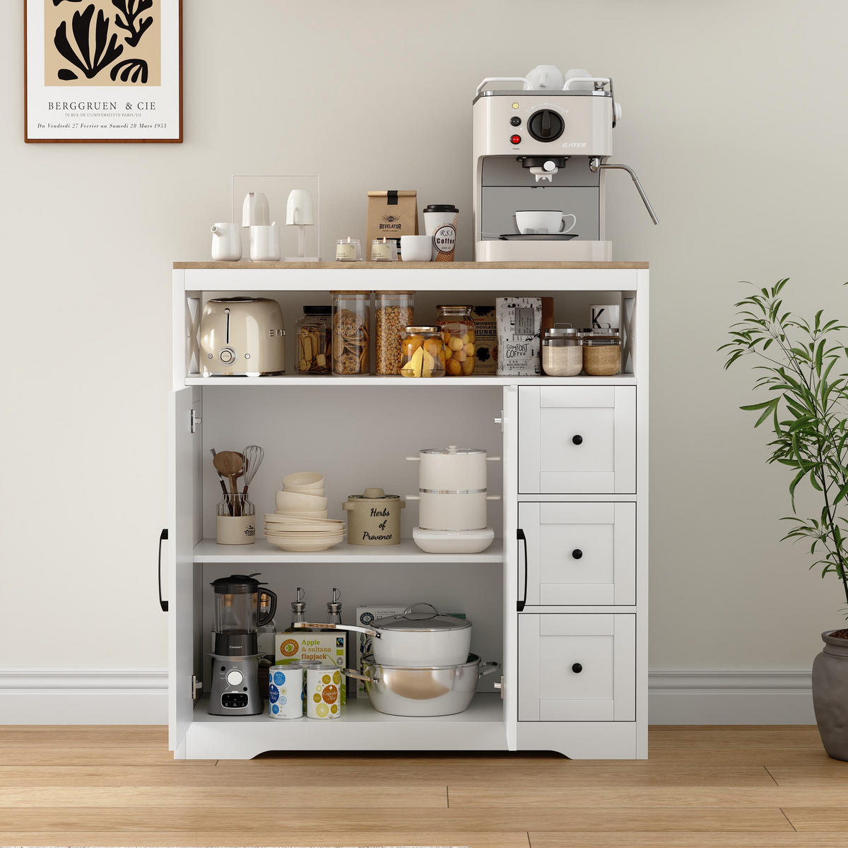 SIDEBOARD 100 cm, Skandinavischer Stil mit Kreuzdekoration, 3 Schubladen, 2 Türen und offenen Regalen, Weiß - Weiß, Holzwerkstoff (100/40/105cm) - Waldena