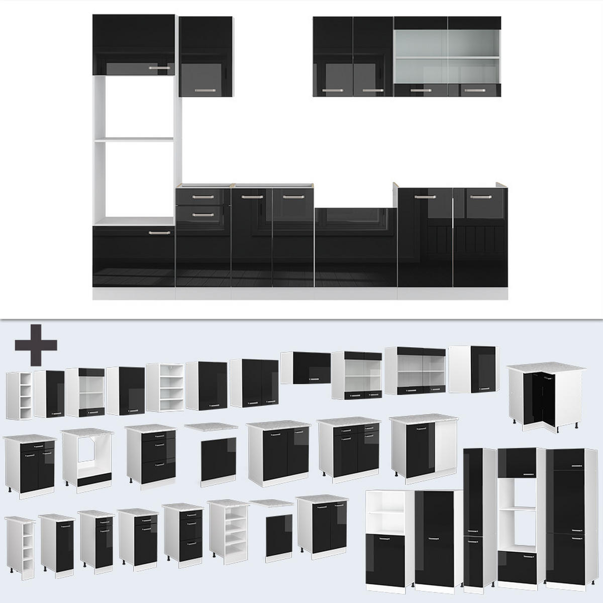 KÜCHENZEILE R-Line Schwarz Hochglanz/Weiß 300 cm mit Hochschrank AP Eiche - Schwarz Hochglanz/Weiß, Holzwerkstoff (300/81.6/60cm) - Vicco