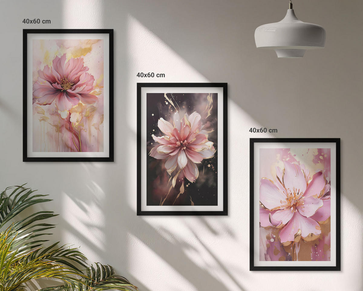 WANDBILDER 3er-Set - 40x60 cm Schwarzer Rahmen - Blumenkompositionen aus Rosen und Weiß - Schwarz, Kunststoff (40/60cm) - ArtPrintCave