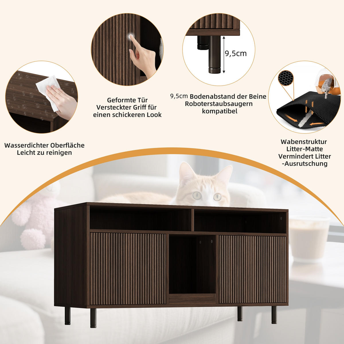 KATZENTOILETTEN-SCHRANK Walnuss, 120/50/66 cm, mit Ablagefächern und Streuauffangmatte - Walnussfarben, Holzwerkstoff/Metall (120/66/50cm) - CHICFURN