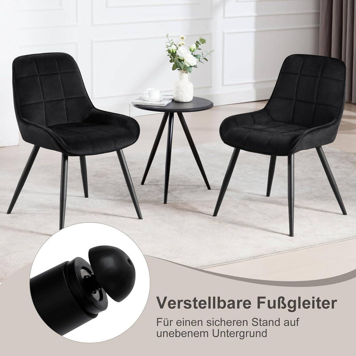 ESSZIMMERSTUHL 2er-Set, Polsterstuhl, Samt, Schwarz - Schwarz, Textil/Metall (52.5/81.5/62cm) - Woltu