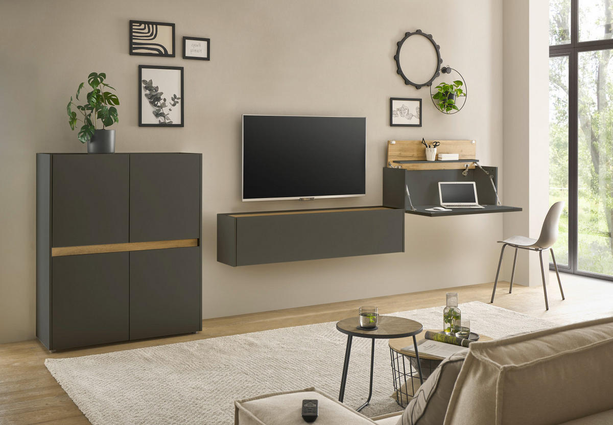 WOHNWAND 3-teilig grau matt, Eiche Wotan 370 cm, Schrankwand mit Sekretär - Eiche Wotan/Grau, Holzwerkstoff/Kunststoff (370/122/40cm) - Furn.Design