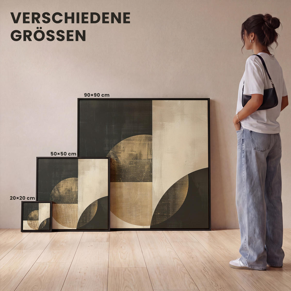 LEINWAND Bilder mit Rahmen - Abstrakt - Geometrische Formen - Schwarz - Gold - 20x20 - Ecru, Textil (20/20cm) - MuchoWow