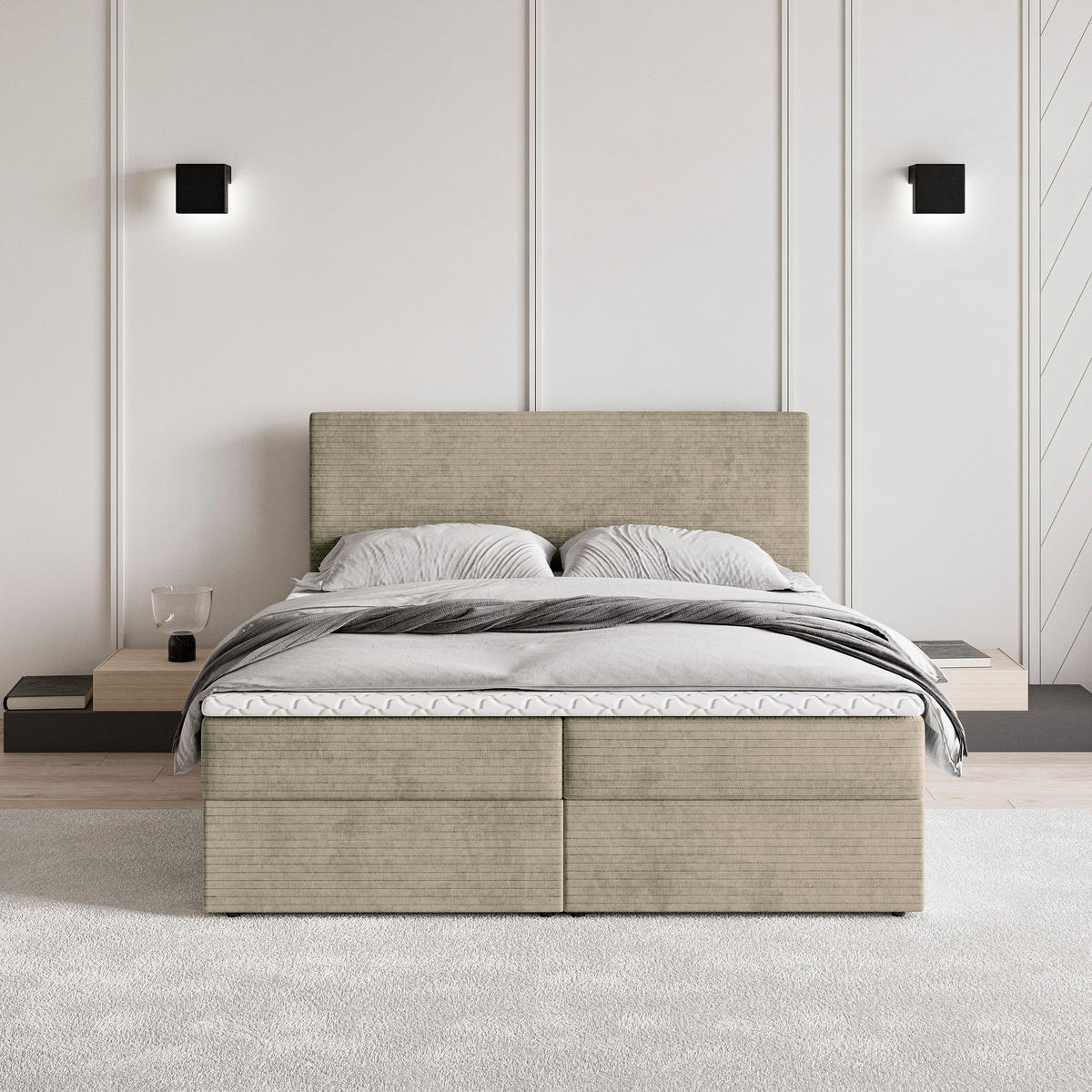 BOXBETT NIRA 140x200 cm mit Matratze und Topper - Beige - Beige, Holz (140/200cm) - MASSENO