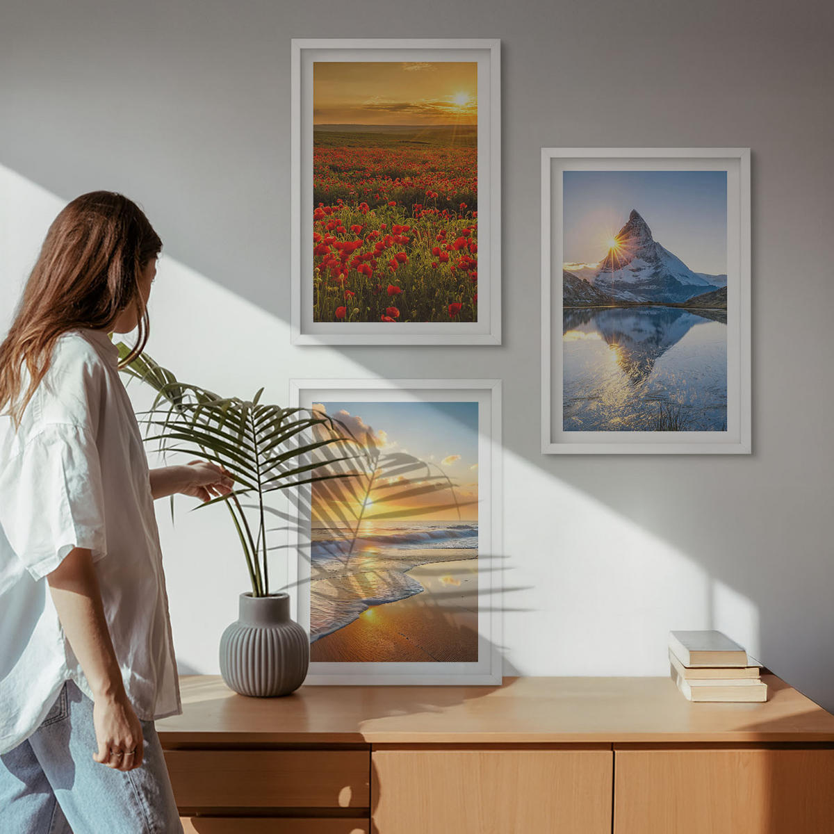 BILDER SET 3er Set - 40x60 cm Weißer Rahmen - Landschaften aus Bergen und Meeren im Westen - Weiß, Kunststoff (40/60cm) - TULUP