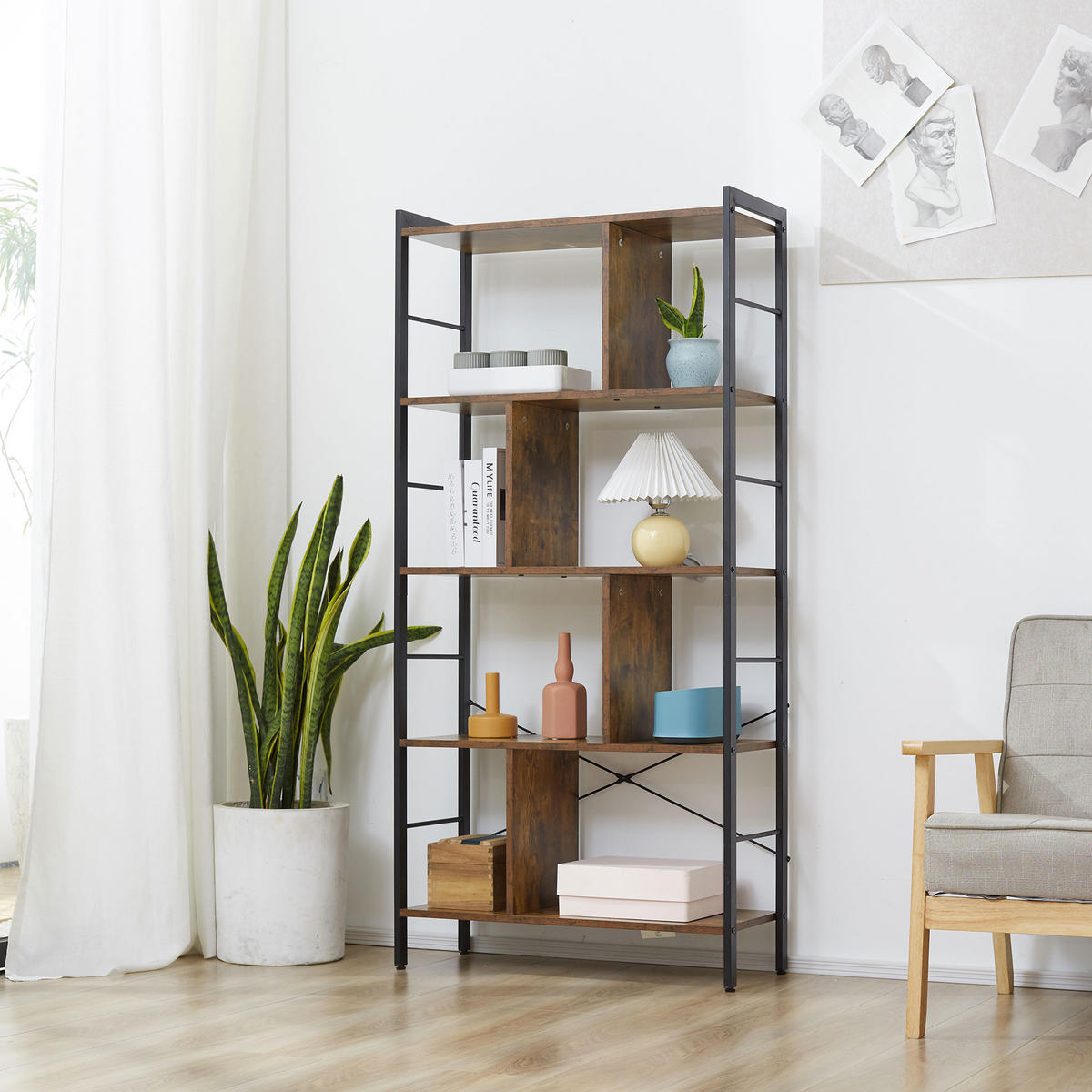 REGAL DE-15532 5-stufig mit Mittelsteg, 74/30/157 cm Braun/Schwarz - Braun, Holzwerkstoff (74/157.5/30cm) - ComfortXL