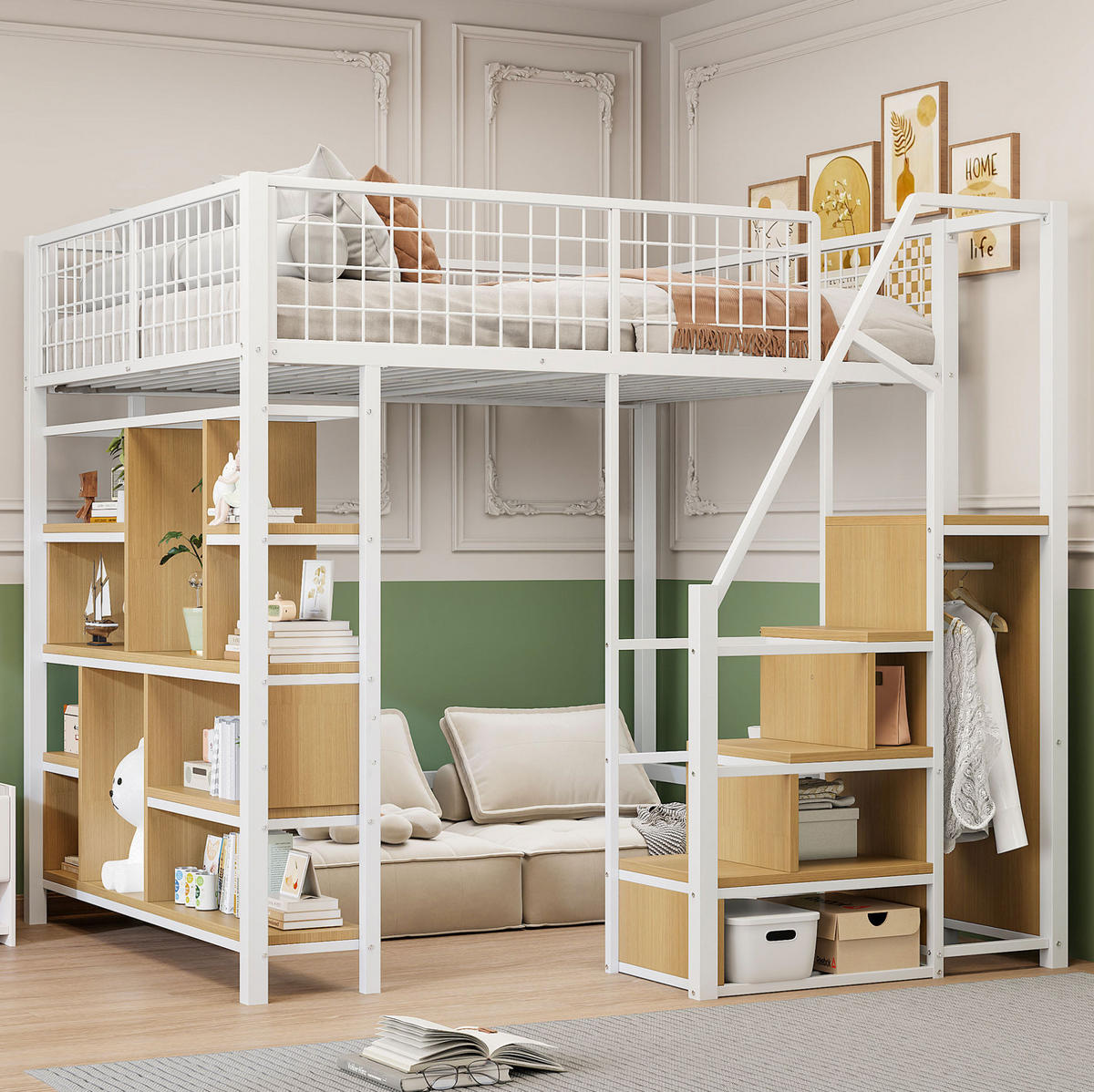 HOCHBETT 140/200 cm Weiß mit Stauraumtreppe - Weiß, Metall (140/200cm) - MIVRAY