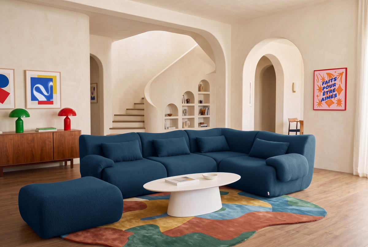 ECKSOFA Bouclé-Stoff Tiefblau - Blau, Textil (269/190cm) - MILYsofa