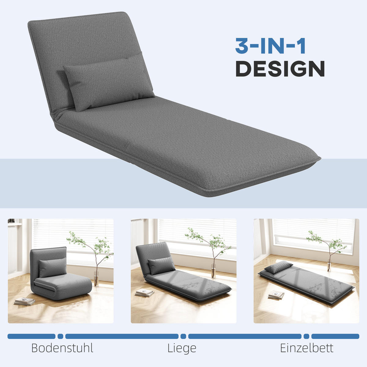 BODENSOFA 3-in-1 Klappbar Schlafsofa, Gepolstert Sofabett mit Schlaffunktion - Dunkelgrau, Textil/Metall (81/68/75cm) - HOMCOM