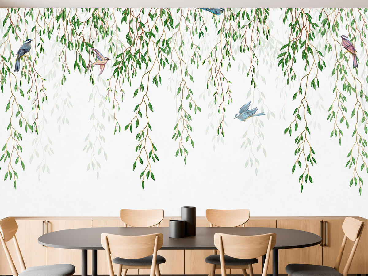 FOTOTAPETA Pre Spálňu Smútočná Vŕba Konáre Vtáky Jar Listy 450 x 315 cm - hnedá/modrá, papier (450/315cm) - Muralo