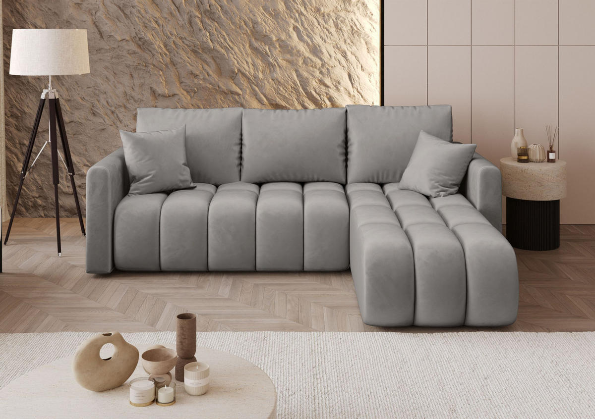 ROHOVÁ pohovka GARDA pravá světle šedá samet Monolith 84 - funkce spaní, úložný prostor - světle šedá, textil (230/149cm) - Cornero