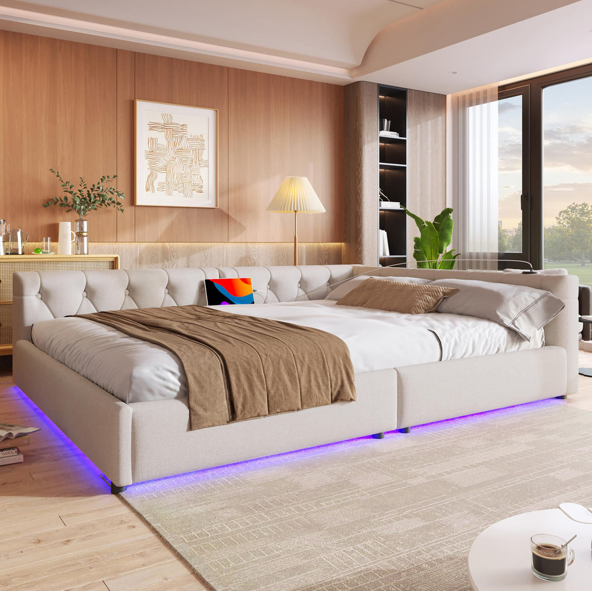 SCHLAFSOFA aus Leinen und MDF 140x200 cm Beige mit LED-Beleuchtung und USB-/Typ-C-Anschlüssen - Beige, Textil (140/200cm) - IVMEU