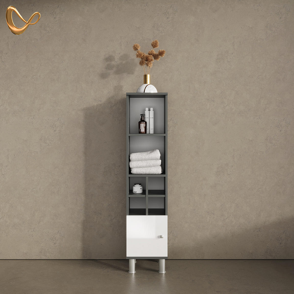 MIDISCHRANK Fucino Weiß Hochglanz 30 x 130.6 cm kleine Tür - Weiß Hochglanz/Anthrazit, Holzwerkstoff (30/130.6/30cm) - Livinity®