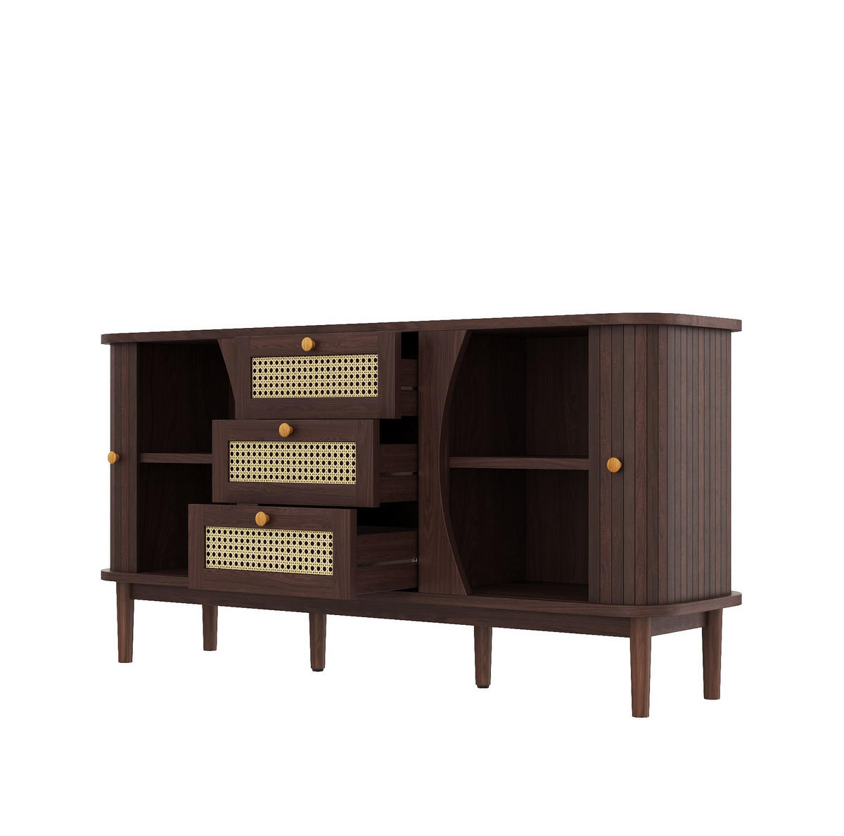 SIDEBOARD 140,5/40/76 cm mit 2 Schiebetüren & 3 Rattanschubladen in Walnuss-Optik - Naturfarben, Holzwerkstoff (140.5/73/40cm) - BEAOK