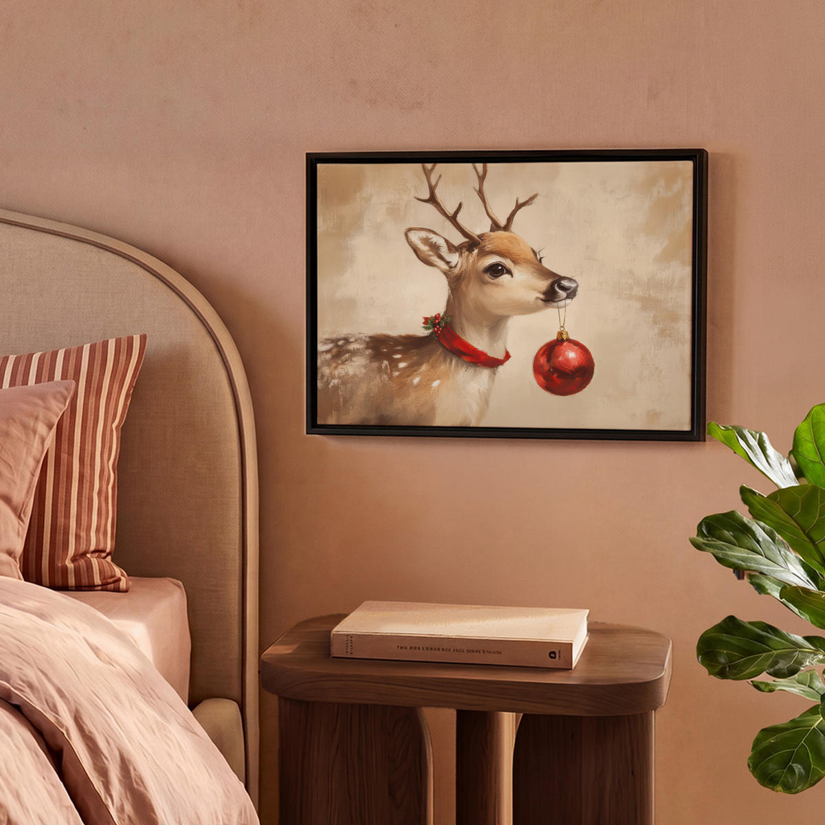 LEINWAND Bilder mit Rahmen - Weihnachten - Hirsch - Geweih - Weihnachtskugel - Rentier - 40x30 - Hellbraun, Textil (40/30cm) - MuchoWow