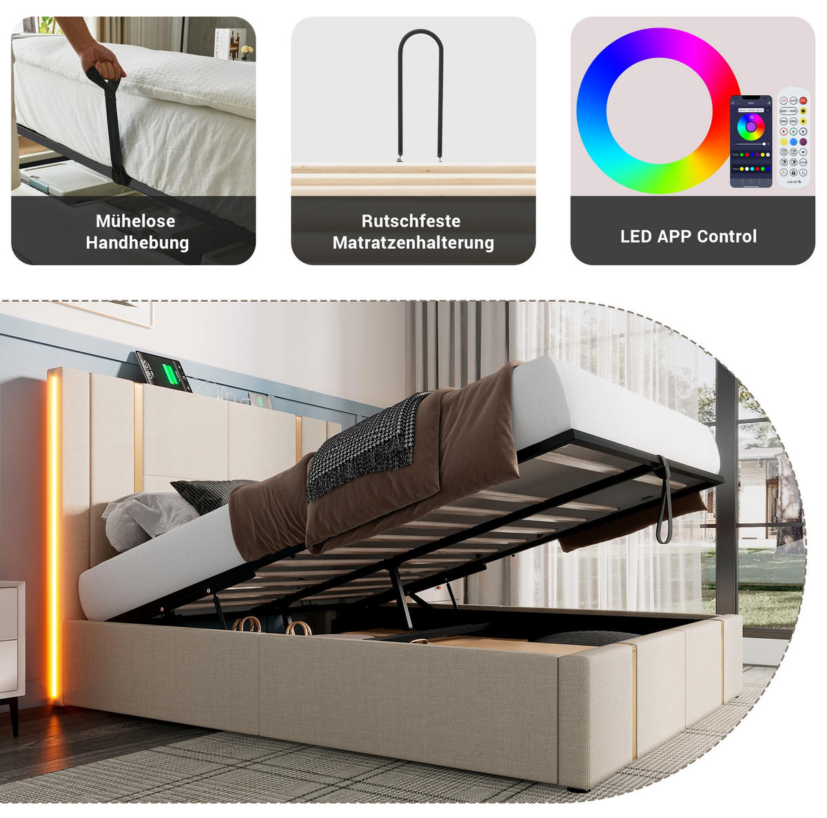 POLSTERBETT 160/200 cm Beige aus Leinen mit Stauraum und LED - Beige, Textil (160/200cm) - OKMYHOME