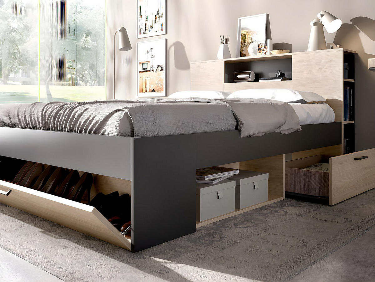 BETT mit Kopfteil, Stauraum & Schubladen + Lattenrost - 140 x 190 cm - Naturfarben & Anthrazit - LEANDRE - Anthrazit, Holz (140/190cm) - Vente-Unique