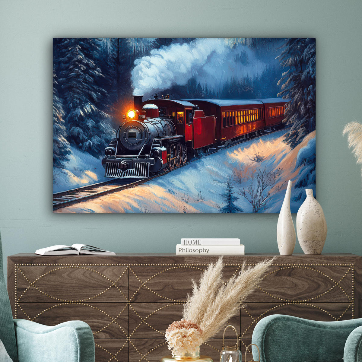 LEINWANDBILD Zug - Weihnachten - Schnee - Weihnachtszug Groß 140x90 cm - Anthrazit, Textil (140/90cm) - MuchoWow