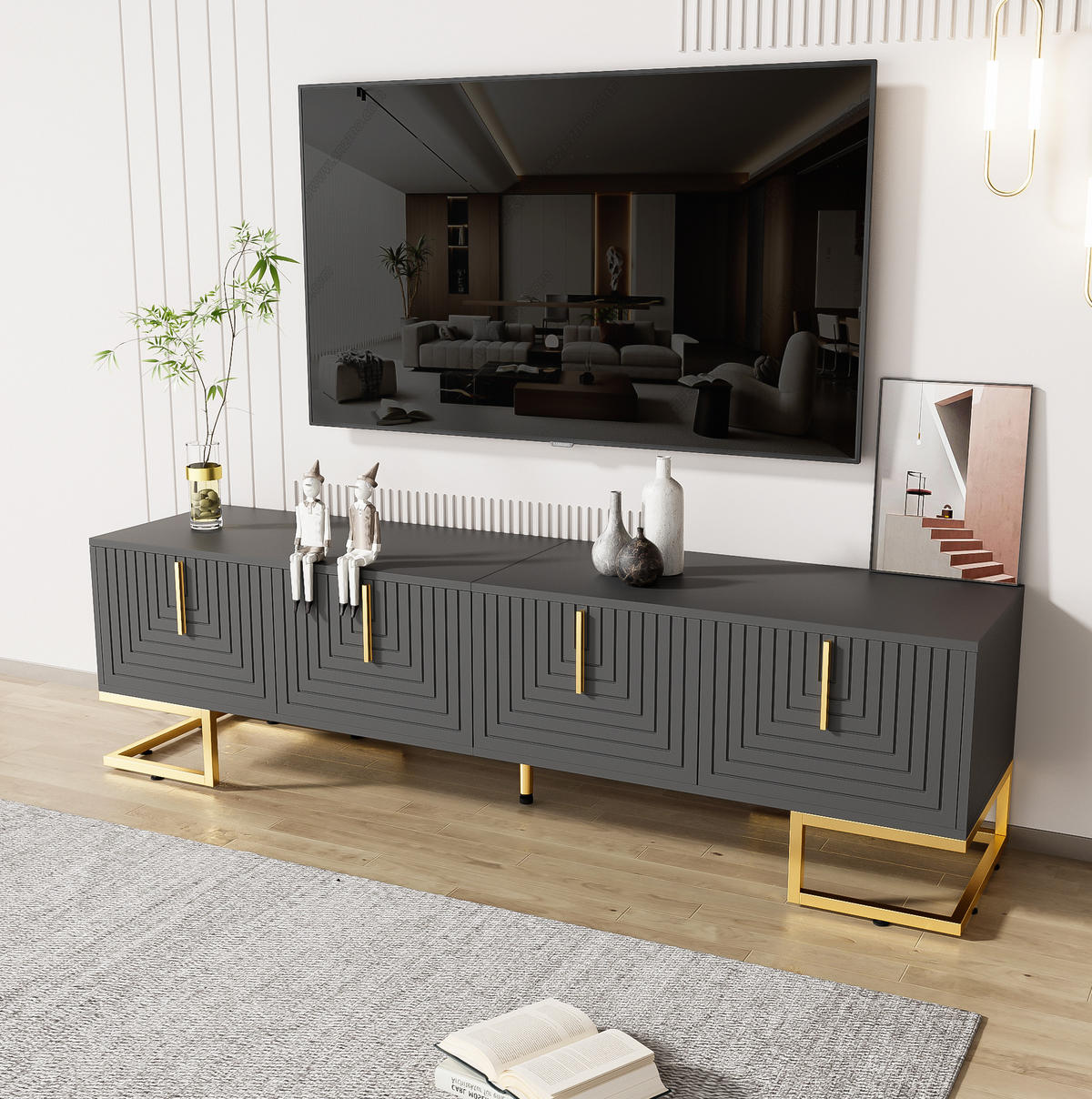 TV-SCHRANK in Grauschwarz mit 4 Türen und goldfarbenen Metallfüßen 170/40/45.5 cm - Grau, Holzwerkstoff (170/45.5/40cm) - Redom