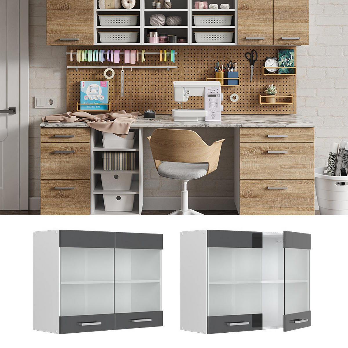 UNIVERZÁLNÍ NÁSTĚNNÁ SKŘÍŇKA R-Line Antracitový vysoký lesk - bílá/vysoce lesklá černá, kompozitní dřevo (80/60/31cm) - Vicco