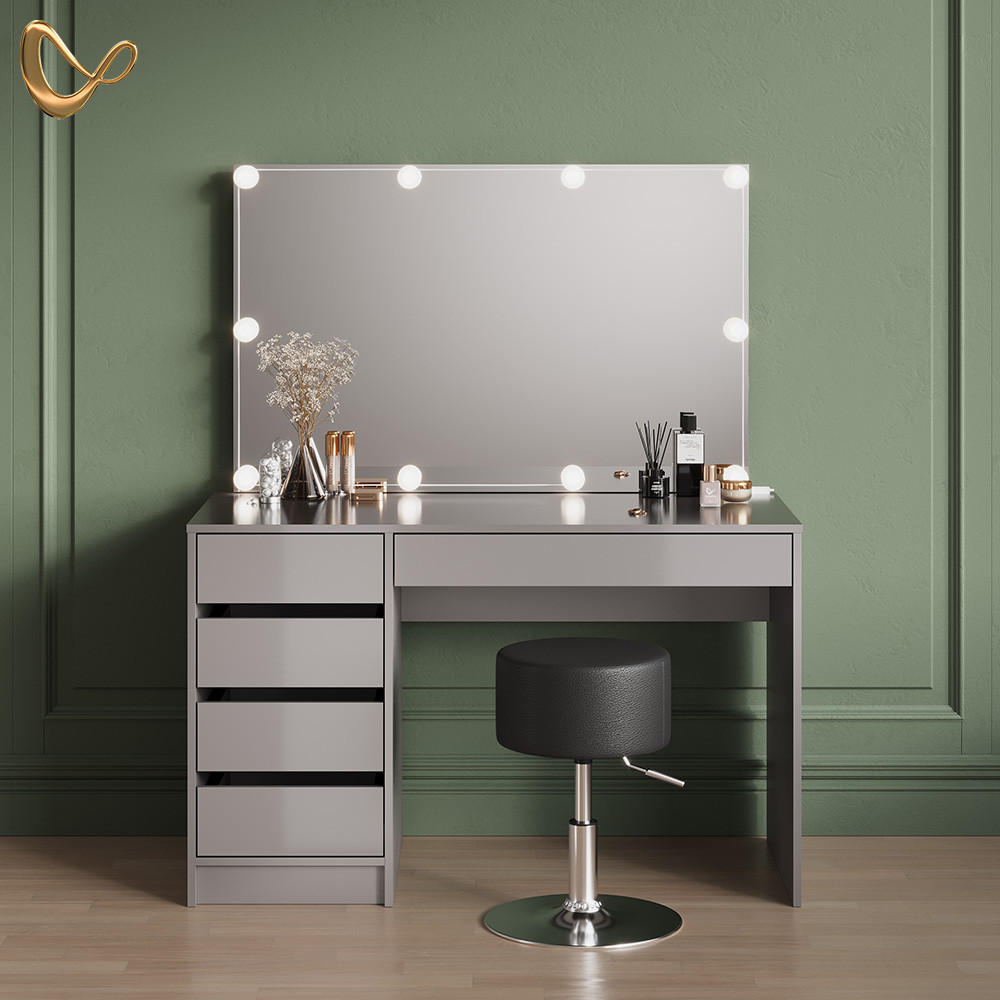 SCHMINKTISCH Imola Grau mit LED Beleuchtung und Hocker - Grau, Holzwerkstoff (120/75/55cm) - Livinity®