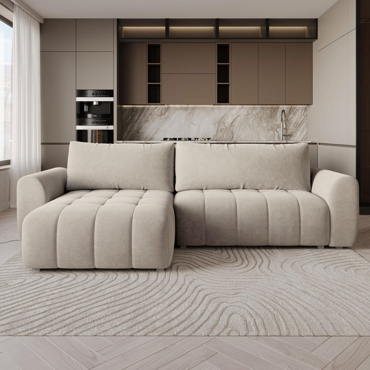 ROHOVÁ Sedačka MODARO CASTEL 03, Krémová - šedá/krémová, dřevo/textil (285/148cm) - MASSENO