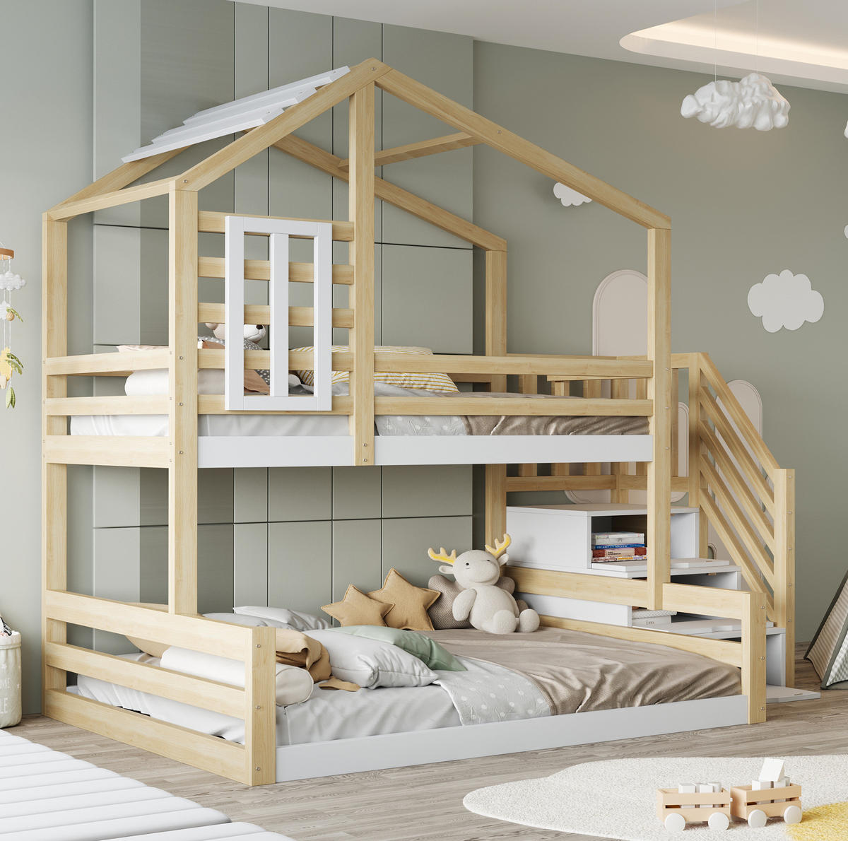 HAUSBETT 90/200 & 140/200 cm aus Kiefernholz mit Treppe und Stauraum - Naturfarben, Holz (90/200cm) - BEAOK