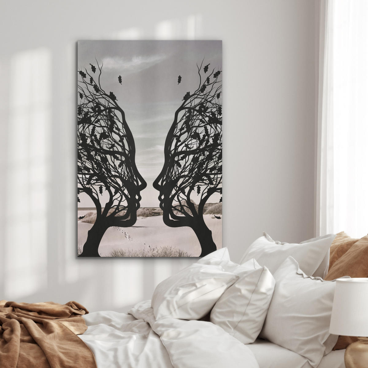AKUSTIKPANEEL Strand - Meer - Menschen - Baum - Moderne Kunst 70x100 cm - Hellgrau, Textil (70/0.9/100cm) - MuchoWow