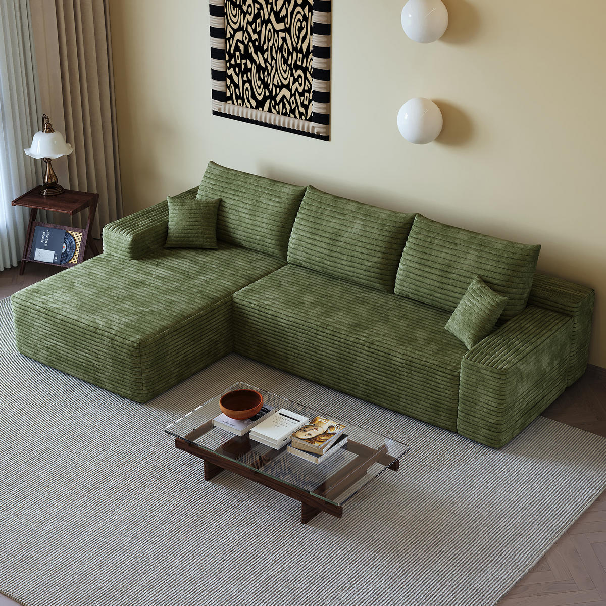 ECKSOFA 270/175/83 cm Grün Cord mit Chaiselongue, Linke Seite - Grün, Textil (270/175cm) - Oxeza