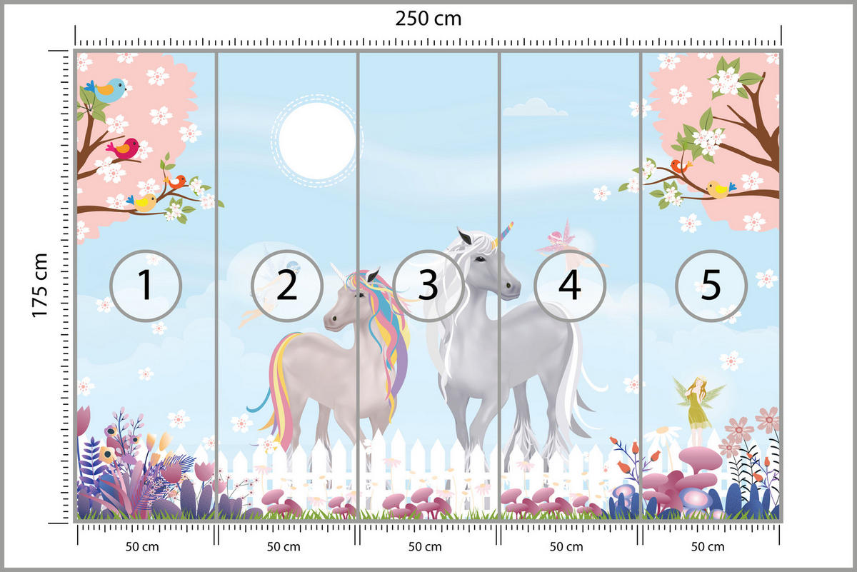 FOTOTAPETE für Kinderzimmer Einhörner Wiese Vögel Bäume Blumen 250x175 - Multicolor, Papier (250/175cm) - Muralo