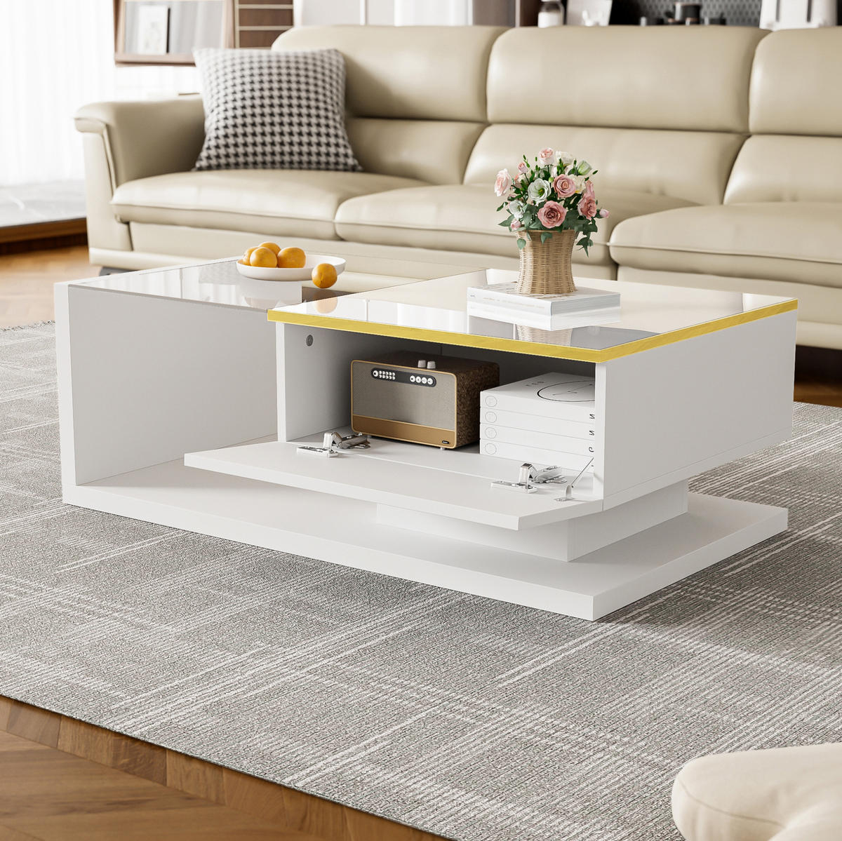 COUCHTISCH 90/50/32,5 cm in Hochglanz-Weiß mit LED-Beleuchtung und Glasplatte - Weiß, Holzwerkstoff (90/50/32.5cm) - Flora Grace