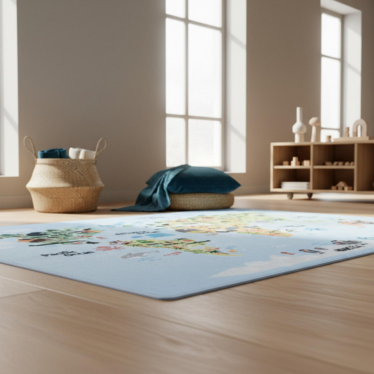 KINDERTEPPICH Weltkarte Pflegeleicht Waschbar Kinderzimmer OEKO-TEX Blau 140x200 cm Flur – TRAUN - Blau, Textil (140/200cm) - KADIMA DESIGN