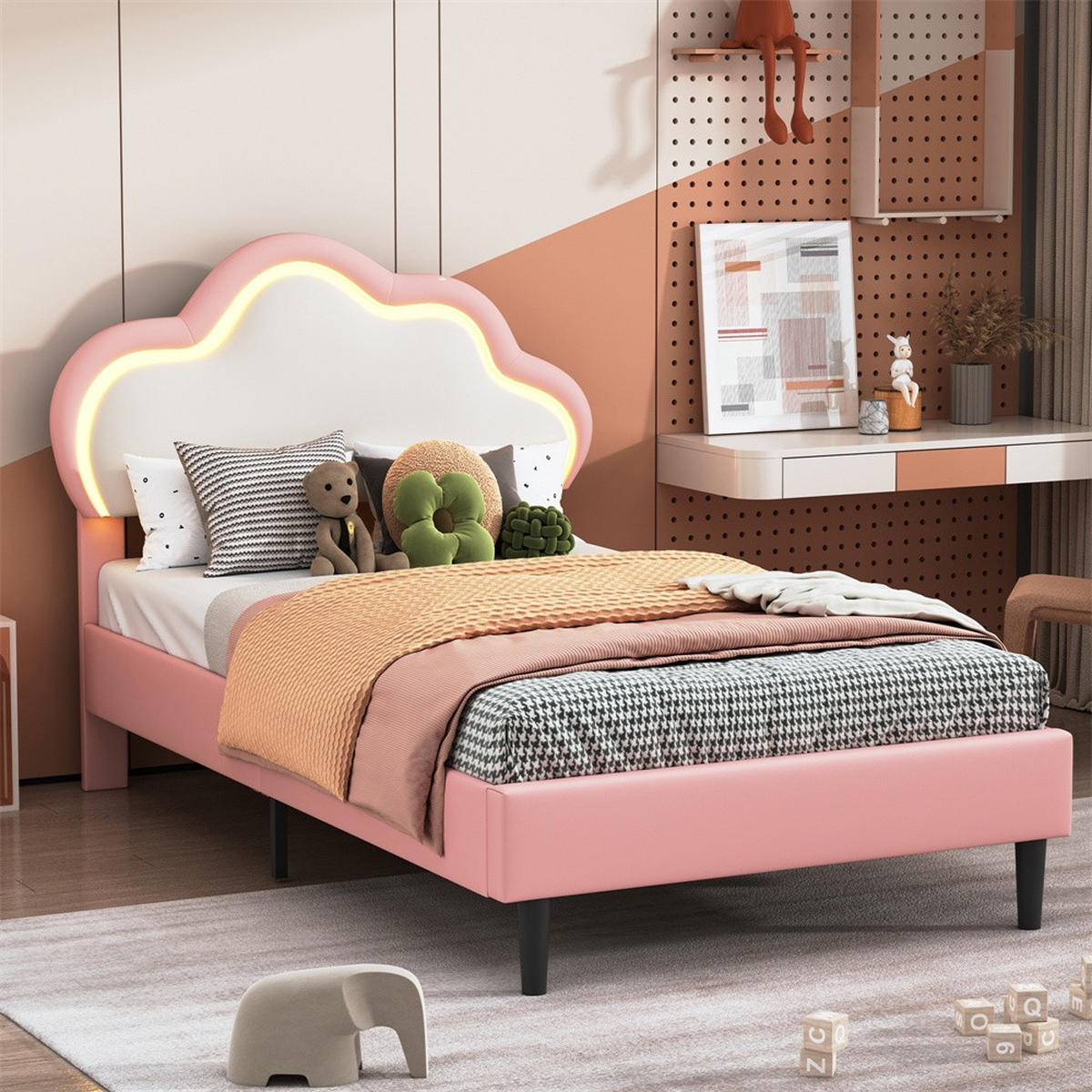 KINDERBETT 90 x 200 cm - höhenverstellbares Kopfteil im Wolken-Design mit LED - ohne Matratze - Weiß und Rosa - Pink, Textil (90/200cm) - DELFA